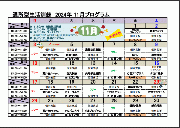 11月自立訓練（生活訓練）プログラムについて